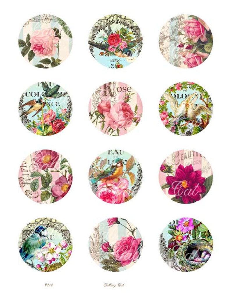 GARDEN PARADISE Digital Collage Sheet 2 Inch Circles for Jewelry Pendants Labels Magnets Paper Crafts Vintage Roses Birds GalleryCat CS213 image 2