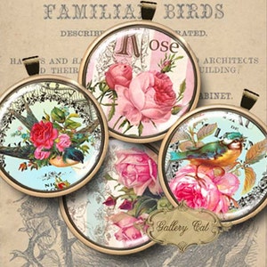 GARDEN PARADISE Digital Collage Sheet 2 Inch Circles for Jewelry Pendants Labels Magnets Paper Crafts Vintage Roses Birds GalleryCat CS213 image 1