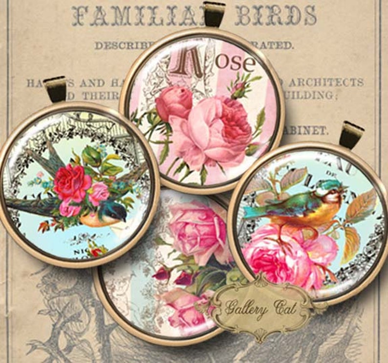 GARDEN PARADISE Digital Collage Sheet 2 Inch Circles for Jewelry Pendants Labels Magnets Paper Crafts Vintage Roses Birds GalleryCat CS213 image 1
