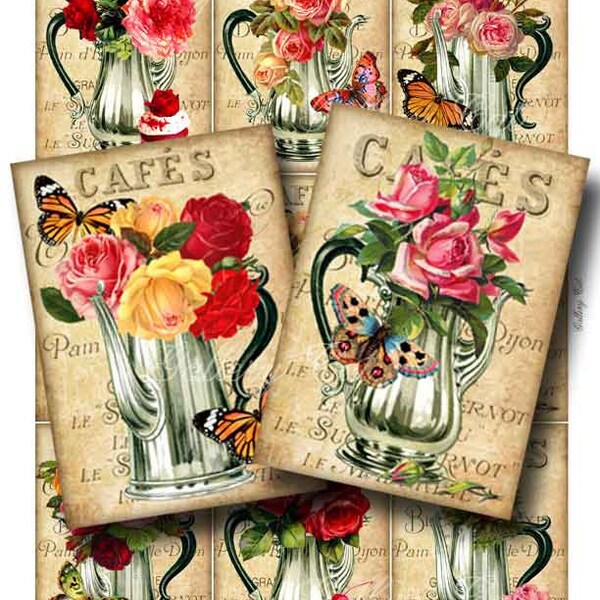 TEA TIME Digital Collage Sheet Roses Teapot Instant Download for Tags Cards Decoupage Original Whimsical Altered Art by GalleryCat CS157