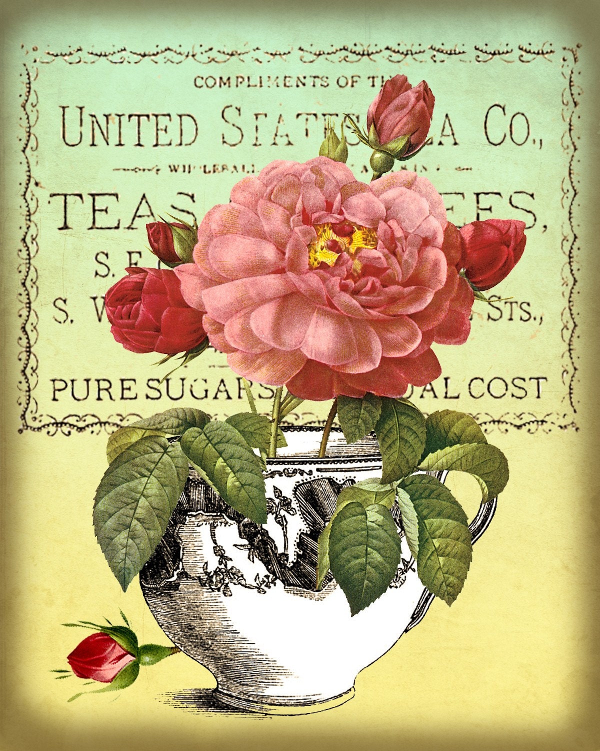 Antique Tea Cups and Roses Digital Collage Sheet Instant Etsy