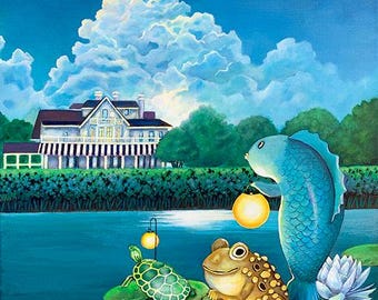 FANTASY POND Painting | Original Fine Art Print | Fish | Turtle | Frog | Lanterns | Storybook Art | Nursery | Kid's Room