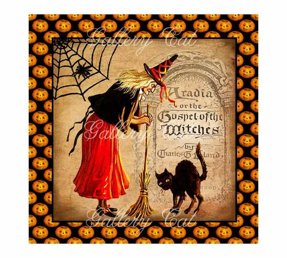 Download Vintage Witch Digital Collage Sheet Cat Spider Web Broom For Etsy PSD Mockup Templates