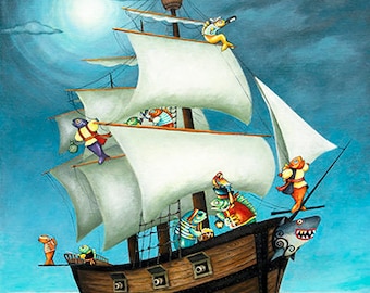 PIRATE SHIP Original Art | Fine Art Print | Tall Ship | Nautical Painting | Seascape | Fish Pirates