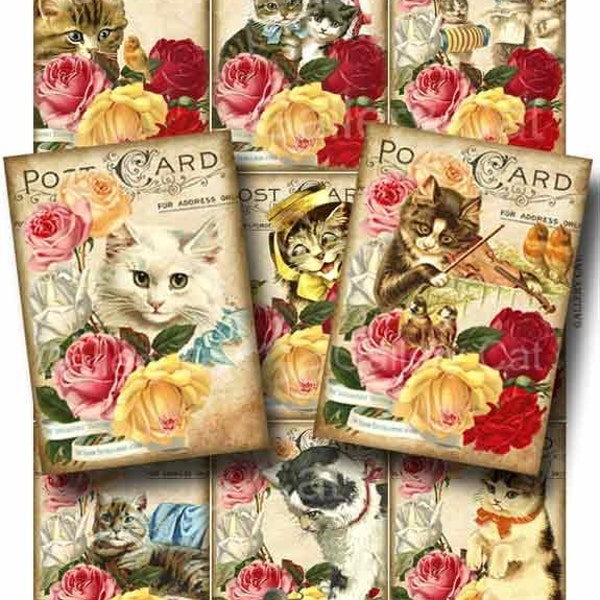 Victorian Kittens and Roses  Digital Collage Sheet Instant Download for Paper Crafts Cards Original Whimsical Altered Art GalleryCat CS51