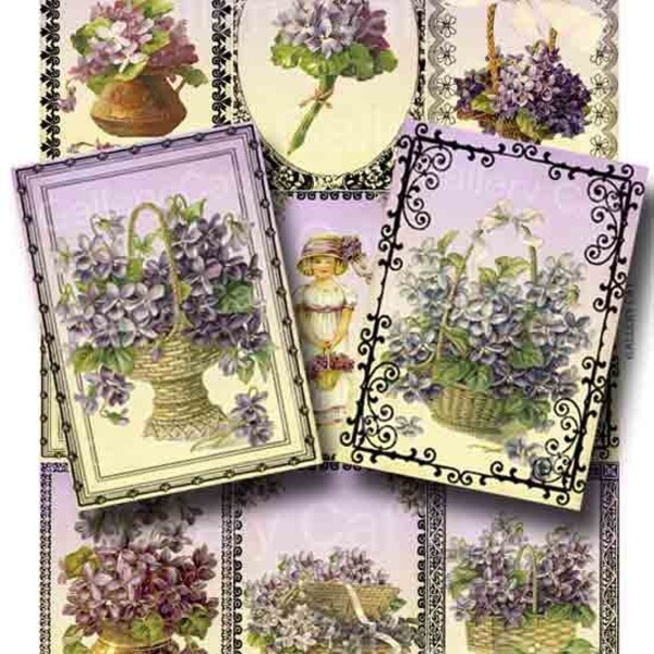 Victorian Violets Digital Collage Sheet Printable Instant Download Original Whimsical Altered Art by GalleryCat CS40