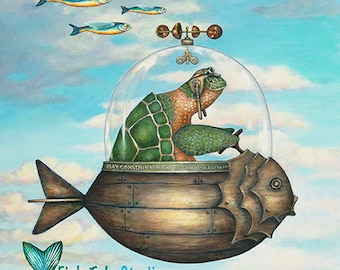 Turtle in Airship | Fine Art Print | Original | Aviator | Flying Fish | Helicopter | Fantasy | Bay Constable