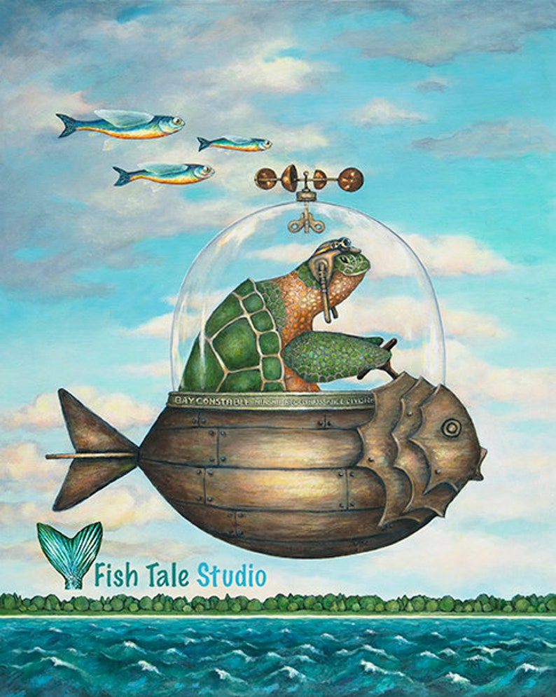 Pilot Turtle Turtle in Airship | Fine Art Print | Original | Aviator | Flying Fish ...