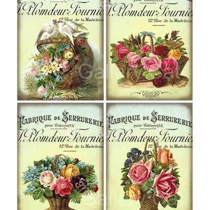 Old French Roses in Baskets Digital Collage Sheet Instant Download Vintage Images Original Whimsical Altered Art by Gallery Cat CS22 image 1
