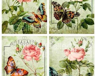 Old English Roses with Butterfly Digital Collage Sheet Instant Download for Paper Crafts Original Whimsical Altered Art by GalleryCat CS8