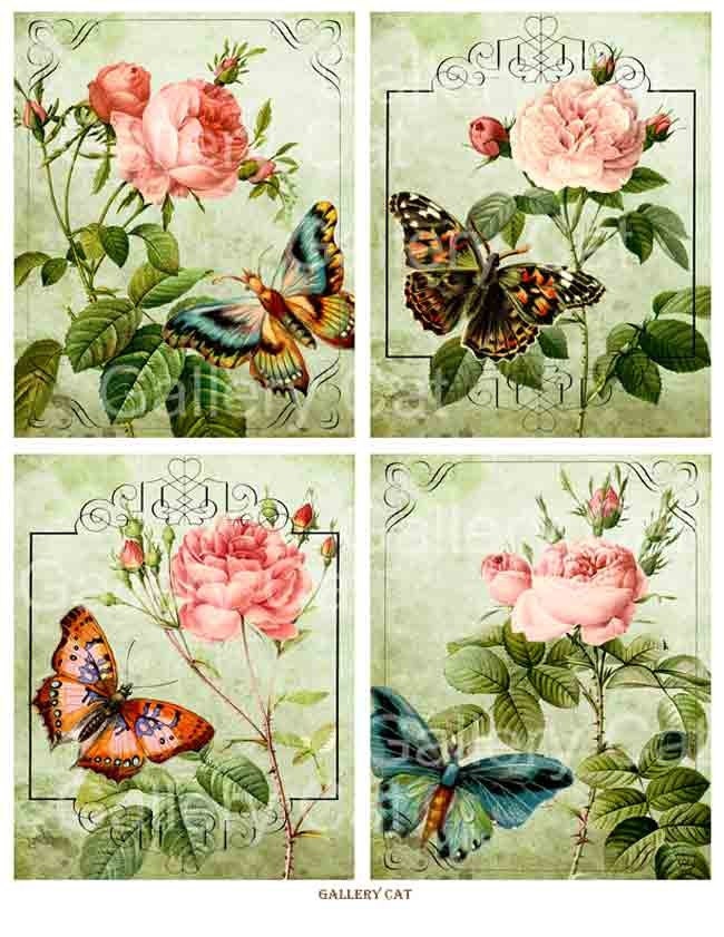 Old English Roses with Butterfly Digital Collage Sheet Instant Downlo…