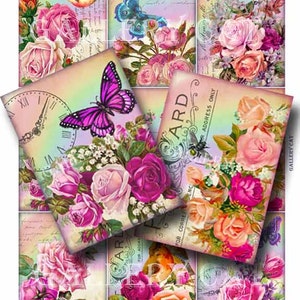 RAINBOWS and ROSES Digital Collage Sheet Instant Download Paper Crafts Tag Card Decoupage Original Whimsical Altered Art GalleryCat CS124