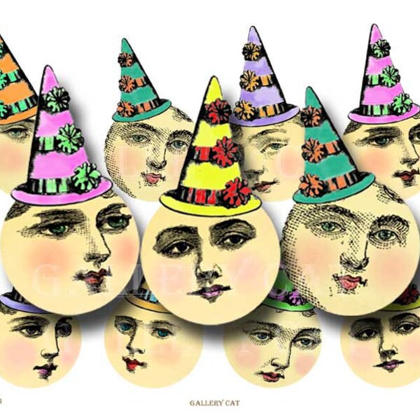 Lady Moon in Party Hat Digital Collage Sheet  Instant Download Paper Crafts Original Whimsical Altered Art by Gallery Cat CS91