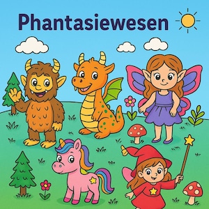 Può includere: Illustrazione colorata con creature fantastiche. Un mostro peloso, un drago arancione, una fata, un unicorno e una fata con una bacchetta magica sono raffigurati su uno sfondo verde. Il testo "Phantasiewesen" è in alto.