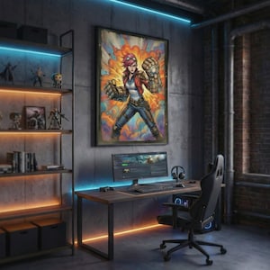 Könnte beinhalten: Ein Gaming-Zimmer mit einem gerahmten Kunstwerk einer weiblichen Figur mit großen Panzerhandschuhen. Ein Computer-Setup mit Monitor, Tastatur und Kopfhörern befindet sich auf einem Holztisch. Ein schwarzer Gaming-Stuhl steht vor dem Schreibtisch.