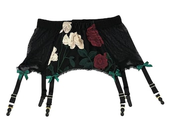 Elegant Garter Belt Black Floral Simply – Handmade Embroidered Lace Lingerie, Suspender Belt, Retro Stocking Belt for Women
