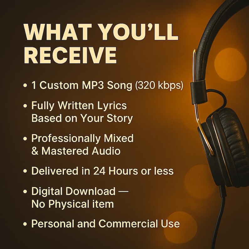 May include: Image with text: "WHAT YOU'LL RECEIVE" followed by bullet points detailing a custom MP3 song, lyrics, professionally mixed audio, delivery in 24 hours, digital download, and personal/commercial use. A black and gold headphone is in the background.