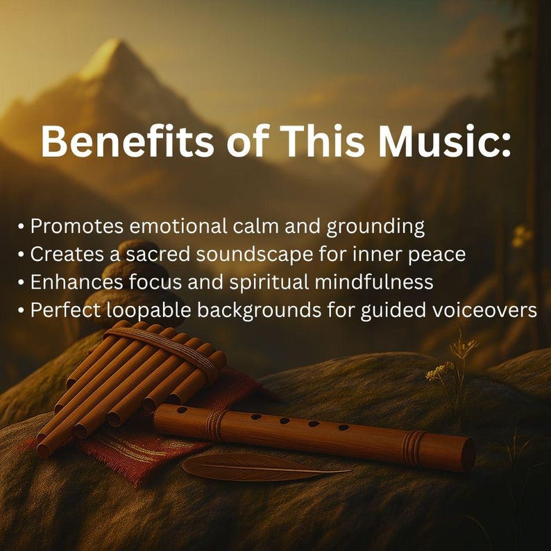 Peut inclure: Illustration num&eacute;rique d'une fl&ucirc;te de pan et d'une fl&ucirc;te en bois sur une surface textur&eacute;e. L'image comprend le texte "Benefits of This Music:" suivi de puces d&eacute;crivant les effets de la musique, comme la promotion du calme &eacute;motionnel et l'am&eacute;lioration de la concentration.
