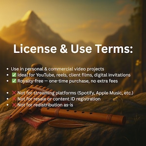 Peut inclure: Image avec le texte "License & Use Terms:" et des puces. Comprend une fl&ucirc;te de pan, une plume et un petit tissu rouge. L'arri&egrave;re-plan montre une cha&icirc;ne de montagnes et un coucher de soleil.