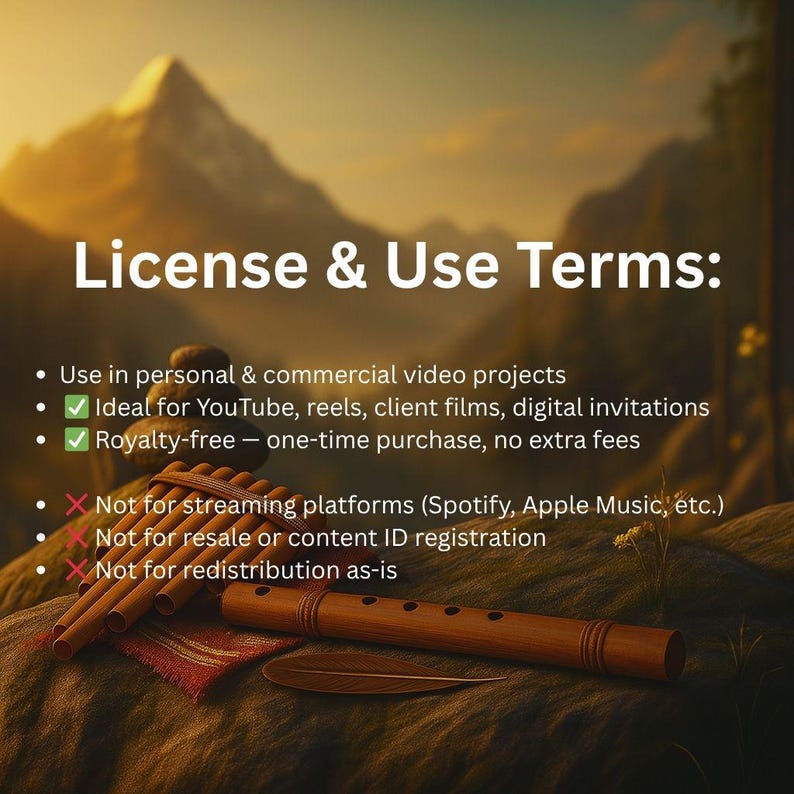 Peut inclure: Image avec le texte "License & Use Terms:" et des puces. Comprend une fl&ucirc;te de pan, une plume et un petit tissu rouge. L'arri&egrave;re-plan montre une cha&icirc;ne de montagnes et un coucher de soleil.