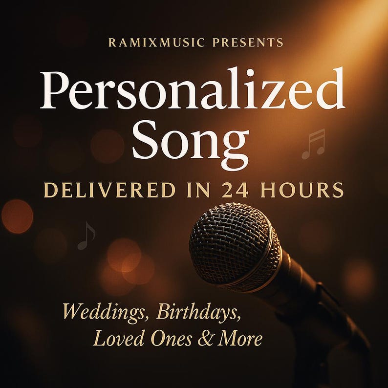 May include: A promotional image with a microphone and text. The words "Personalized Song" are prominently displayed, with "DELIVERED IN 24 HOURS" below. Additional text mentions "Weddings, Birthdays, Loved Ones & More" against a dark, blurred background.