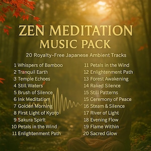 Puede incluir: Gr&aacute;fico digital para un paquete de m&uacute;sica de meditaci&oacute;n Zen. La imagen presenta texto dorado con "ZEN MEDITATION MUSIC PACK" y una lista de 20 pistas ambientales japonesas libres de derechos. El fondo es una escena borrosa del bosque.