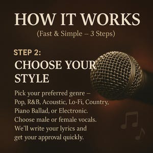 May include: Image with text: "HOW IT WORKS (Fast & Simple - 3 Steps)". Step 2: "CHOOSE YOUR STYLE". Choose your preferred genre, male or female vocals. We'll write your lyrics and get your approval quickly. A microphone is on the right.
