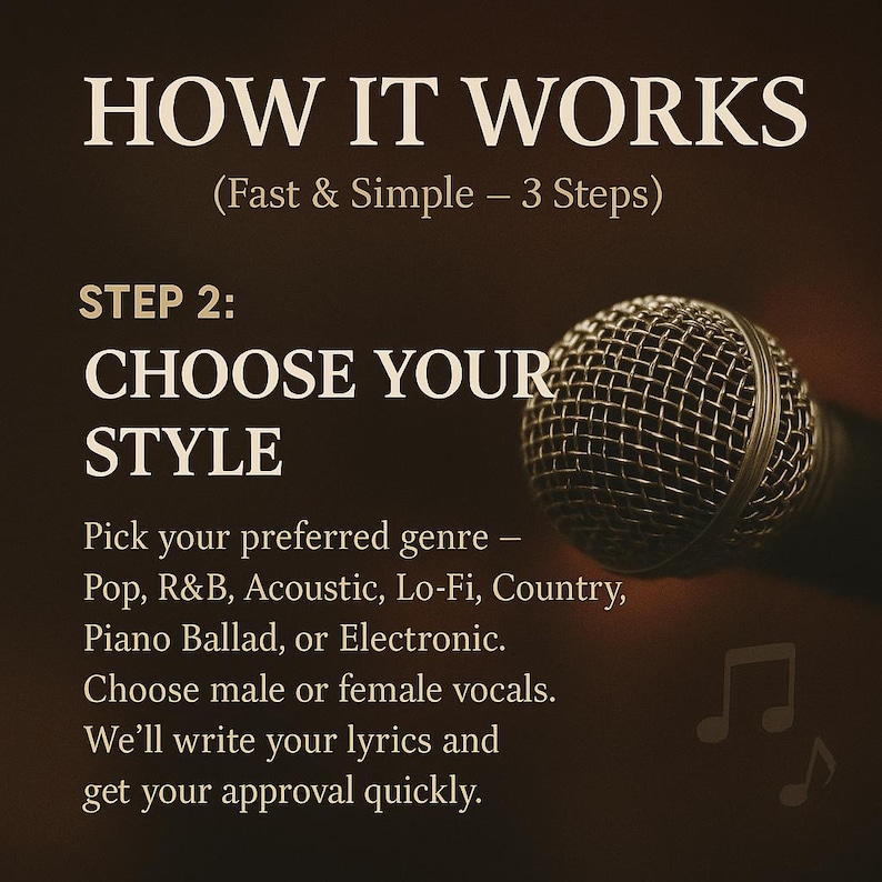 May include: Image with text: "HOW IT WORKS (Fast & Simple - 3 Steps)". Step 2: "CHOOSE YOUR STYLE". Choose your preferred genre, male or female vocals. We'll write your lyrics and get your approval quickly. A microphone is on the right.