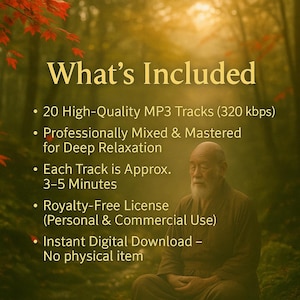 Puede incluir: La imagen muestra el texto "What's Included" con vi&ntilde;etas que enumeran 20 pistas MP3 de alta calidad, mezcladas profesionalmente para una relajaci&oacute;n profunda, cada pista de aprox. 3-5 minutos, licencia libre de regal&iacute;as y descarga digital instant&aacute;nea.