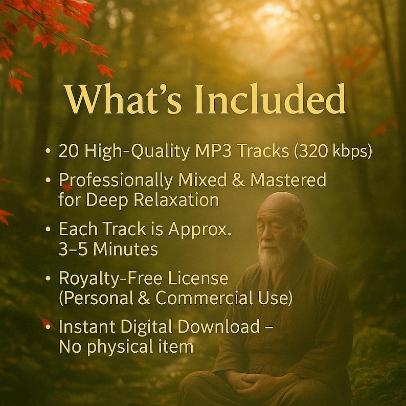 Puede incluir: La imagen muestra el texto "What's Included" con vi&ntilde;etas que enumeran 20 pistas MP3 de alta calidad, mezcladas profesionalmente para una relajaci&oacute;n profunda, cada pista de aprox. 3-5 minutos, licencia libre de regal&iacute;as y descarga digital instant&aacute;nea.