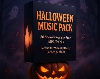 May include: A black box labeled "HALLOWEEN MUSIC PACK" with orange text, resting on a carved jack-o'-lantern. The box advertises 20 spooky, royalty-free MP3 tracks. Musical notes and ghost silhouettes float in the background.