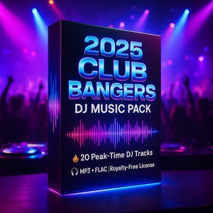 Puede incluir: Una caja negra con el texto "2025 CLUB BANGERS DJ MUSIC PACK" en azul y rosa. También presenta un gráfico de onda de sonido y enumera "20 Peak-Time DJ Tracks" y "MP3 + FLAC | Royalty-Free License". El fondo es una escena de club borrosa.