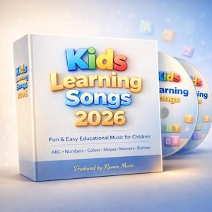 Puede incluir: Un juego de cajas blancas de CD "Kids Learning Songs 2026". La caja tiene texto colorido e incluye el texto "Fun & Easy Educational Music for Children". Se ven dos CD, con bloques flotantes de letras y números.