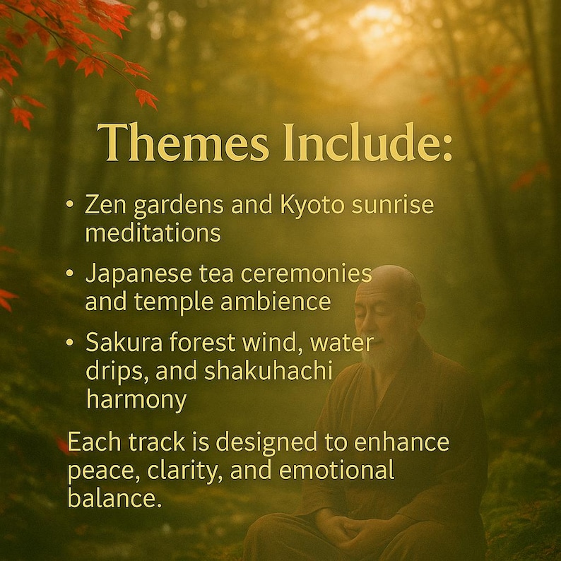Puede incluir: Imagen con texto: "Los temas incluyen: jardines zen y meditaciones del amanecer de Kioto, ceremonias de t&eacute; japonesas y ambiente del templo, viento del bosque de Sakura, gotas de agua y armon&iacute;a shakuhachi". Una persona meditando.