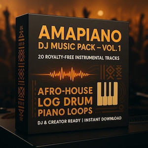 Könnte beinhalten: Eine schwarze Box mit den Worten "AMAPIANO DJ MUSIC PACK - VOL.1" in Orange. Die Box enthält auch "20 KOSTENLOSE INSTRUMENTAL TRACKS" und "AFRO-HOUSE LOG DRUM PIANO LOOPS". Eine Klaviertastatur-Grafik ist sichtbar.
