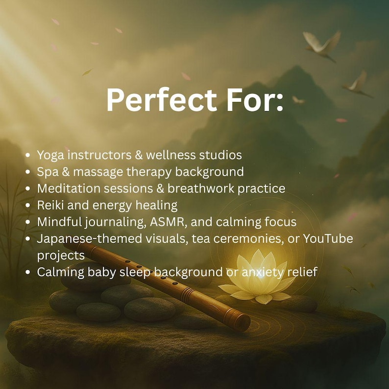 May include: A serene image featuring a bamboo flute resting on a stone, with a glowing lotus flower and a mountain backdrop. The text "Perfect For:" is displayed, followed by a list of uses, including yoga studios and meditation.