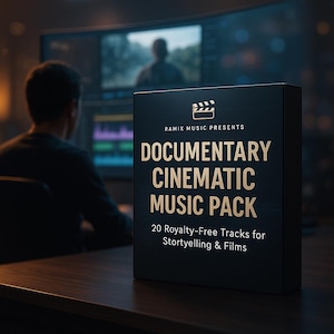 Puede incluir: Una caja negra con texto dorado que dice "RAMIX MUSIC PRESENTS DOCUMENTARY CINEMATIC MUSIC PACK" y "20 pistas libres de derechos para narración y películas". Una persona está trabajando en una computadora en el fondo.