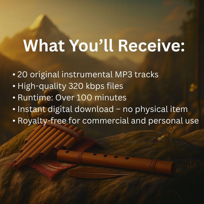 Peut inclure: L'image pr&eacute;sente une fl&ucirc;te de pan et une fl&ucirc;te en bois sur une surface textur&eacute;e. Le texte "What You'll Receive:" est en haut, suivi de puces &eacute;num&eacute;rant 20 pistes MP3 instrumentales, des fichiers de haute qualit&eacute;, plus de 100 minutes de dur&eacute;e, t&eacute;l&eacute;chargement instantan&eacute; et utilisation libre de droits.