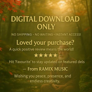 Puede incluir: Gr&aacute;fico de descarga digital con texto dorado sobre un fondo borroso de bosque. El texto dice "SOLO DESCARGA DIGITAL" e incluye un mensaje sobre rese&ntilde;as y una nota de RAMIX MUSIC.