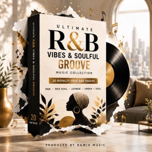 May include: A rectangular music collection box titled Ultimate R&B Vibes & Soulful Groove with 20 royalty-free tracks. The cover features a black silhouette of a person, gold leaf accents, and a black vinyl record emerging from the side.