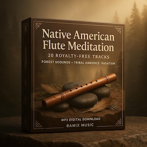 Pode incluir: Uma caixa de produto castanha com o título "Native American Flute Meditation" com uma flauta de madeira, penas e pedras. A caixa tem texto branco e uma borda decorativa. O texto inclui "20 faixas sem royalties" e "Download digital MP3."