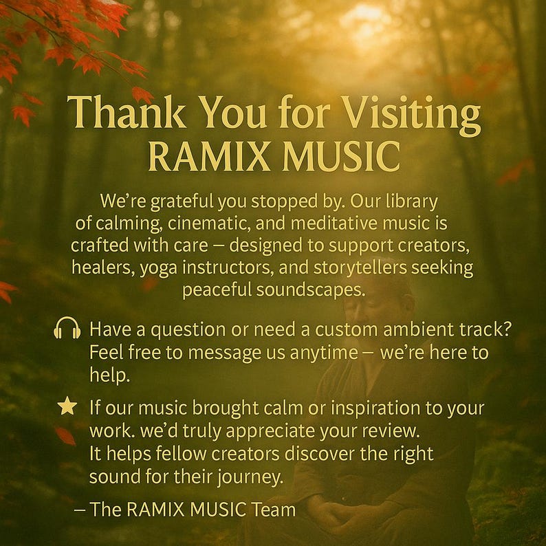 Puede incluir: Imagen con texto: "Thank You for Visiting RAMIX MUSIC." El texto describe m&uacute;sica calmante, cinematogr&aacute;fica y meditativa para creadores, sanadores, instructores de yoga y narradores. Fomenta las rese&ntilde;as y ofrece pistas ambientales personalizadas.