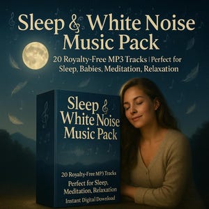 May include: A digital music pack titled "Sleep & White Noise Music Pack" with a dark blue box featuring the title and a woman with her eyes closed. The background includes a full moon, musical notes, and feathers.