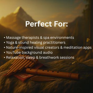 Peut inclure: Image aux tons chauds avec une fl&ucirc;te de Pan en bois et une fl&ucirc;te simple sur un tissu rouge. Le texte "Perfect For:" est affich&eacute; au-dessus d'une liste d'applications, notamment les th&eacute;rapeutes en massage et les professeurs de yoga.