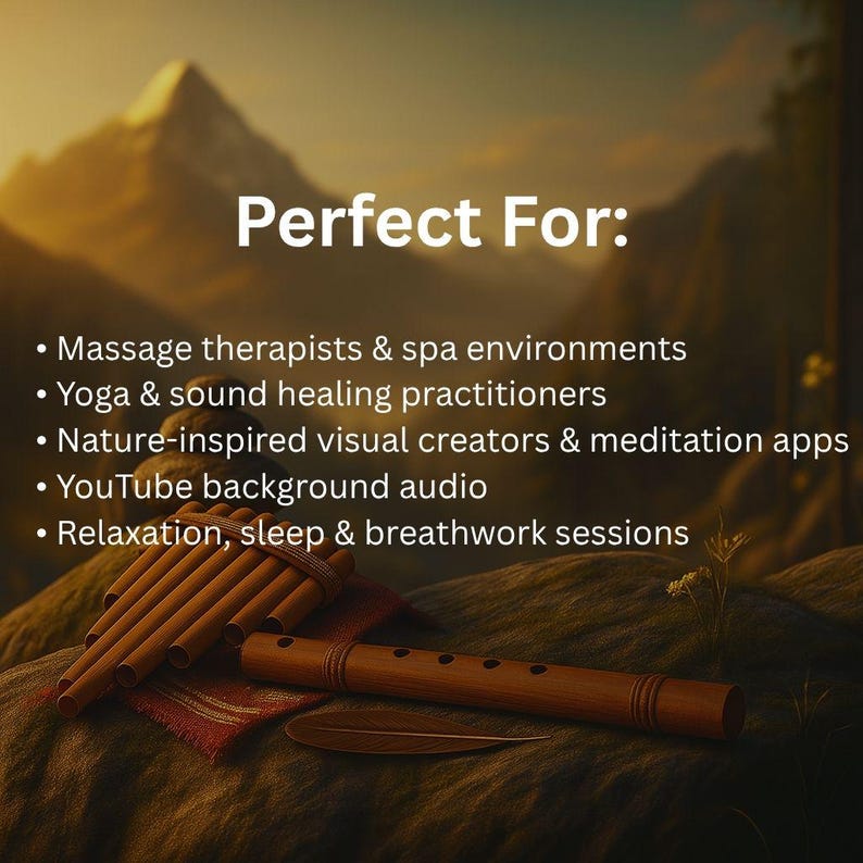 Peut inclure: Image aux tons chauds avec une fl&ucirc;te de Pan en bois et une fl&ucirc;te simple sur un tissu rouge. Le texte "Perfect For:" est affich&eacute; au-dessus d'une liste d'applications, notamment les th&eacute;rapeutes en massage et les professeurs de yoga.