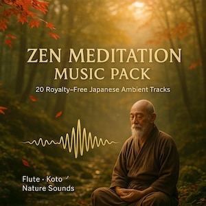 Puede incluir: Imagen que promociona un "Zen Meditation Music Pack" con superposici&oacute;n de texto. La imagen presenta una escena de bosque serena con un hombre mayor meditando. El texto incluye "20 pistas ambientales japonesas libres de derechos" y "Flauta, Koto, Sonidos de la naturaleza."