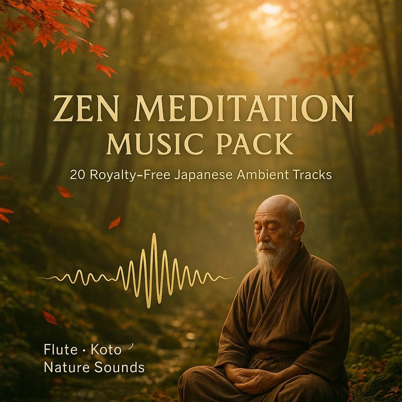 Puede incluir: Imagen que promociona un "Zen Meditation Music Pack" con superposici&oacute;n de texto. La imagen presenta una escena de bosque serena con un hombre mayor meditando. El texto incluye "20 pistas ambientales japonesas libres de derechos" y "Flauta, Koto, Sonidos de la naturaleza."
