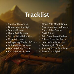 Peut inclure: Une liste de titres musicaux intitul&eacute;e "Tracklist" sur fond de montagne. L'image pr&eacute;sente une collection de chansons avec des titres tels que "Spirit of the Andes" et "Sunrise on Machu Picchu". Une fl&ucirc;te en bois repose sur un tissu rouge, sugg&eacute;rant un th&egrave;me culturel ou instrumental.