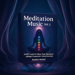 以下が含まれることがあります： 白い文字で「Meditation Music Vol. 1」と書かれた黒い箱。カバーには、チャクラのシンボルを使って瞑想する人のシルエットが描かれています。下のテキストには「20 MP3 Tracks for Sleep, Yoga, Relaxation」と「Instant Download」と書かれています。