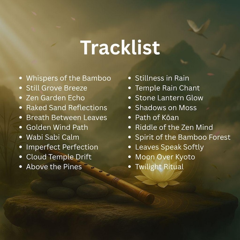 May include: A digital image featuring a tracklist for a music album, with titles like "Whispers of the Bamboo" and "Moon Over Kyoto." A wooden flute rests on a stone surface, with a serene landscape background and the word "Tracklist" at the top.